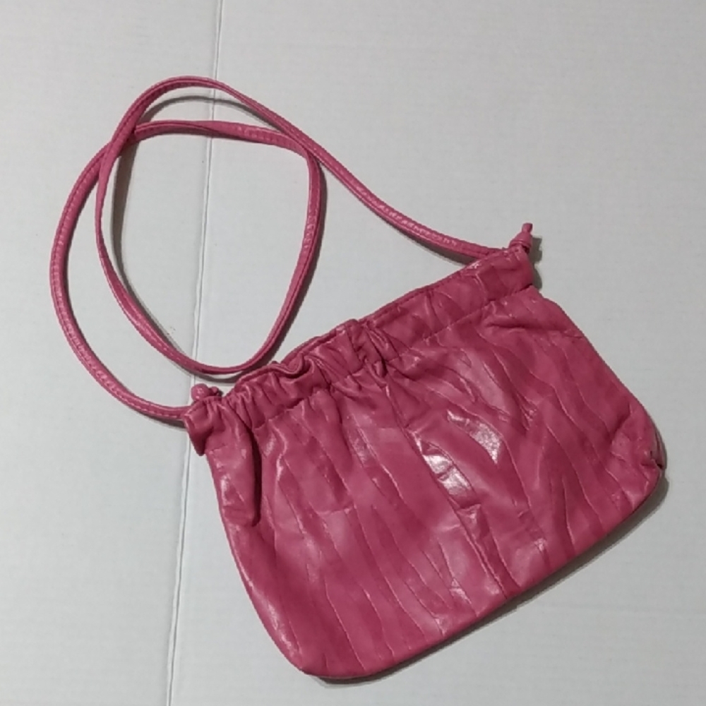 Vtg 80s Bright Pink Zebra Embossed Long Strapped Purse Hand Bag